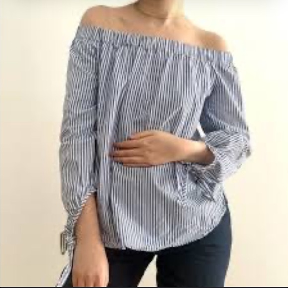 Scotch and Soda Maison Scotch Striped Off Shoulder Blouse S/1 Tie Sleeve - Picture 1 of 9